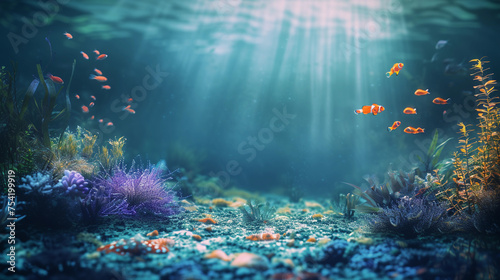 Corals, seaweed, fish, nature and world ocean. View underwater to surface ocean, sunbeam penetrate through the top layer of the ocean. the sun's rays illuminate the seabed through the water.