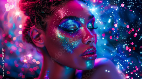 A beautiful woman with glowing glitter makeup, neon light effect on her face and starry background. Fashion model in colorful makeup