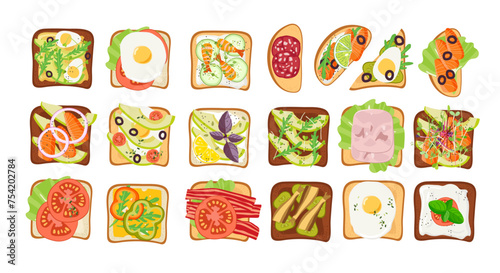Open Sandwich set. Vector for menu, poster, banner, sticker. Delicious breakfast or snack. Collection of toasts with fish snack lunch snacks. Slices of bread with egg, fish, vegetables, sausages.
