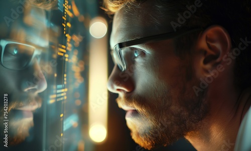 a man looking on bigdata on screen finding the trace of something, data trace, Digital Footprint and Digital trace data them, background wallpaper, Generative Ai