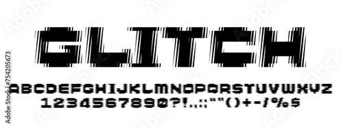 Glitch font with digital distortion effects, edgy typography stripes. Isolated alphabet vector of letters and numbers, ideal for tech, cyberpunk, modern designs