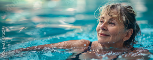 Mature 70s retired exercising woman in swimming pool for active aquatic aqua aerobics hydrotherapy senior fitness wellness health in swim lifestyle retirement village happy positive confident strength
