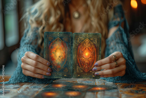 Woman is holding tarot cards in her hands and sitting at a table. Scene is mysterious and intriguing