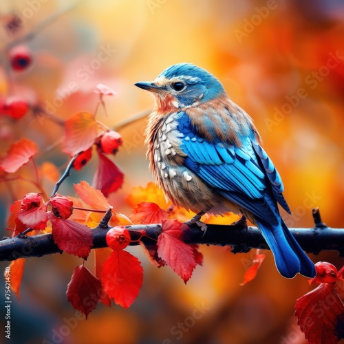 A cute Red and Blue Birds Perched on a Branch in Autumn