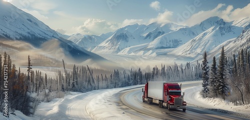 A lone truck navigating a snow-covered highway through the majestic Canadian Rockies, surrounded by towering peaks and pine trees blanketed in fresh winter snow.