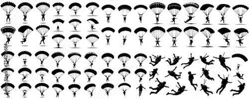 Vector set of parachutists in silhouette style