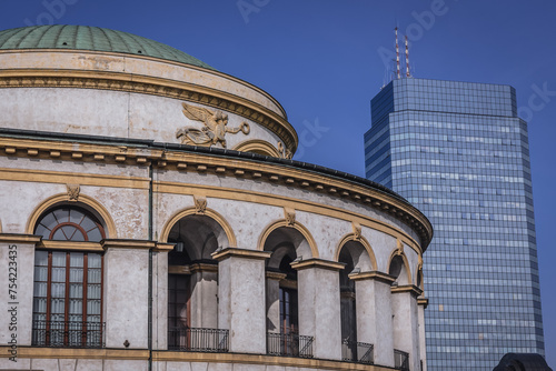 Former building of Stock Exchange and Bank of Poland building in Warsaw city, Poland