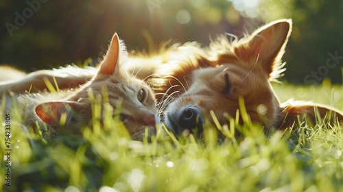Cute dog and cat lying together on a green grass field nature in a spring sunny background,