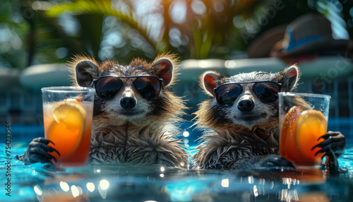 Raccoon lovers in sunglasses with cocktails relax on a wet beach on vacation.