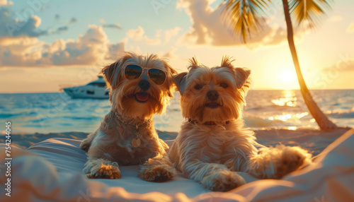 two dogs terrier with drinks relax on a wet beach on vacation. 