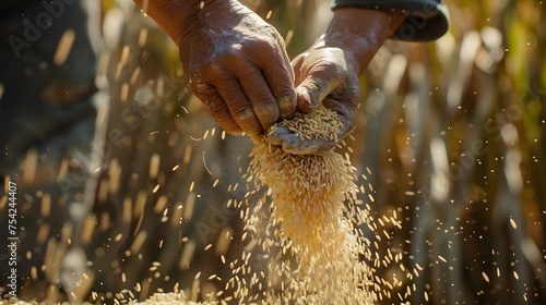 Farmer selects the impurity out off the grain jasmine rice seed by traditional hand process. Rice seeds are dried in the sun after being harvested from rice fields and milling.