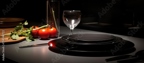 A black kitchen table is adorned with a white plate and a sharp knife. The knife is neatly placed next to the plate, creating a simple yet elegant setting.