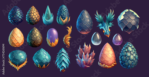 Mystical Collection of Fantasy Eggs and Crystals with Vibrant Colors and Detailed Textures for Game Assets