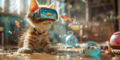 Kitten's Virtual Aquarium Adventure. Kitten with VR headset imagines a vibrant underwater world amidst toys and bubbles.