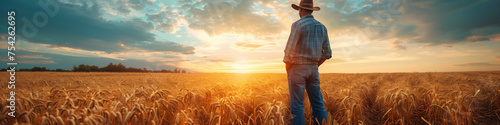farmer at the field looking at the horizon, man standing in cowboy hat admire sunset