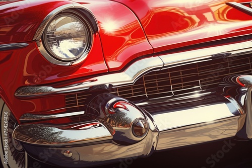 Detailed close up of the front of a red car, perfect for automotive industry marketing materials