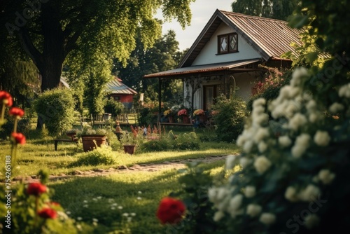 A peaceful house with a garden and a bench in front of it. Suitable for real estate or nature concepts