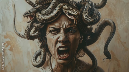 portrait of medusa gorgona - an angry woman with snakes on her head --no dark --ar 16:9 --v 6 Job ID: db1cc11e-62ff-47f7-b927-bc8f9eaa36b1