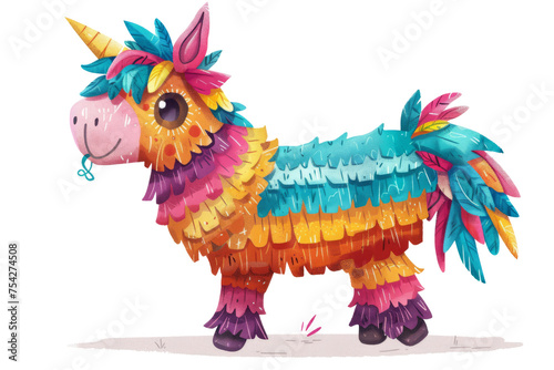 Colorful paper mache unicorn pinata in a vibrant, multicolored design, party decoration concept, joyous and playful.