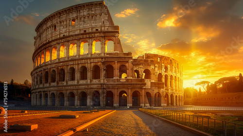 Colosseum in Rome at sunset, Italy. The Roman Coliseum is one of the main tourist attractions in Rome.