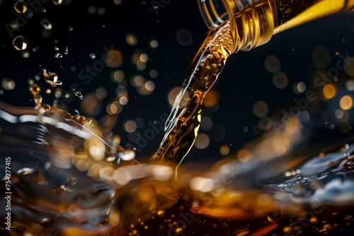 Close-up dynamic moment of whisky poured into a glass