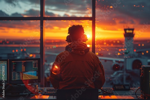 An air traffic controller with their back to the camera overlooks a busy airport at sunset, symbolizing control and responsibility