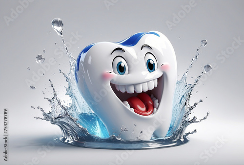 White cartoon tooth with splashes of water on a light background. hygiene, cleanliness and health. illustration