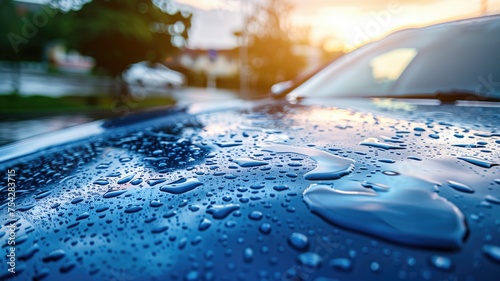 Rain-soaked car with droplets highlighting the sleek lines at sunset