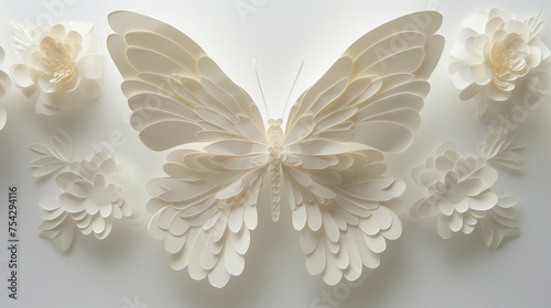 Grupa motyli z papieru na ścianie