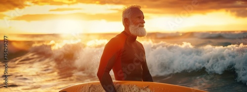Sporty senior man enjoying a surfing session at sunset representing an active