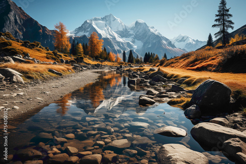 A breathtaking path along the edge of a pristine alpine lake, with the mirror-like surface reflecting the surrounding snow-capped peaks and vibrant autumn foliage.