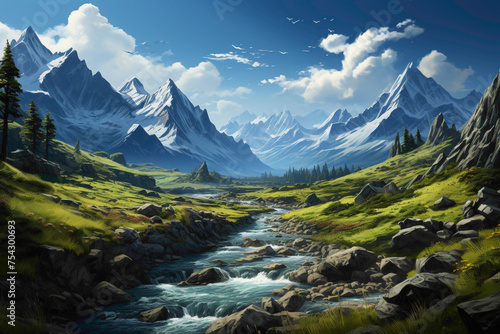 A breathtaking route through a mountainous landscape, with emerald-green meadows and a cascading waterfall in the distance, framed by rugged peaks.