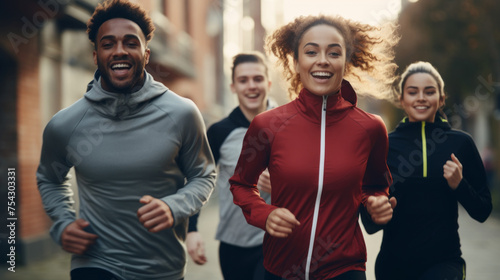 A group of happy athletic young people, Students in sports clothes, jogging together outdoors. Training, Running, Sports, Summer, Fitness, Motivation, Physical Education, Healthy Active concepts.