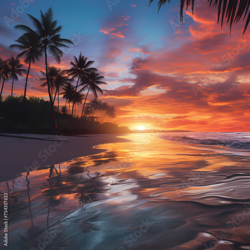 A serene beach sunset with palm trees.