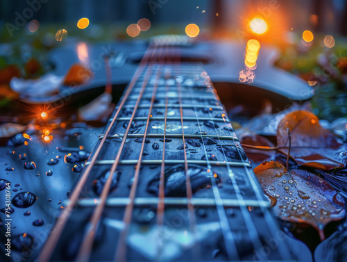 Close-up of a rain-soaked guitar with autumn leaves, showcasing the beauty of music and nature combined, with warm bokeh lights creating a cozy, inviting atmosphere.