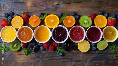 Assortment of fresh fruit juices and smoothies with ingredients on rustic wooden background