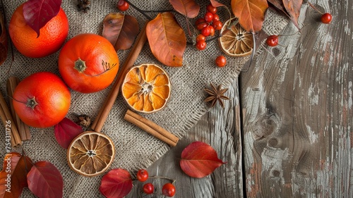 Autumn still life with fresh persimmons, dried orange slices, and fall leaves on rustic wood