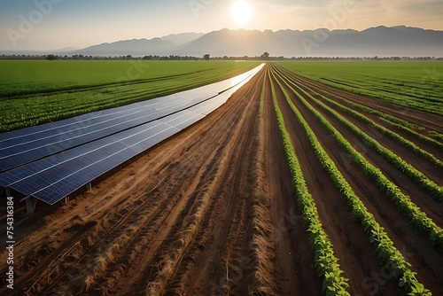 plowed field in spring with solar panels