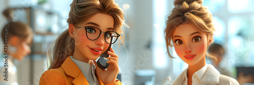 A 3D cartoon render of a female executive on the phone and another businesswoman with a tablet.