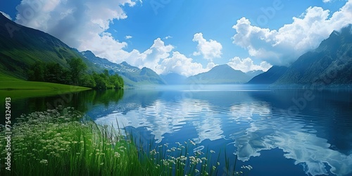 Panoramic Landscape of a Tranquil Lake in a Mountainous Valley