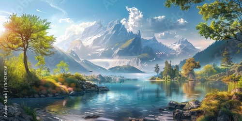 scenic painting portraying a river flowing through majestic mountains