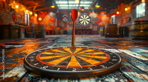 Close-up of a dart firmly lodged in the bullseye of a rustic dartboard in a warmly lit, vintage pub atmosphere.
