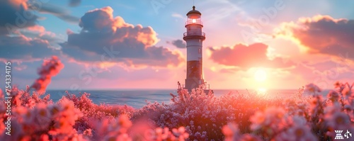 The Lighthouse Among Spring Blooms: A Contrast of Man-Made and Natural Beauty. Concept Spring Blooms, Lighthouse, Contrast, Man-Made, Natural Beauty