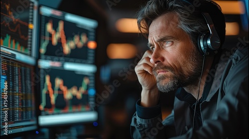 Sad trader sitting with computer screens. Generative AI.