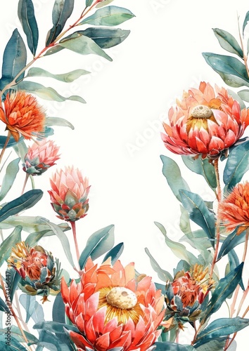 Frame for a background, adorned with watercolor protea or African rose flowers, rectangle, ai generated