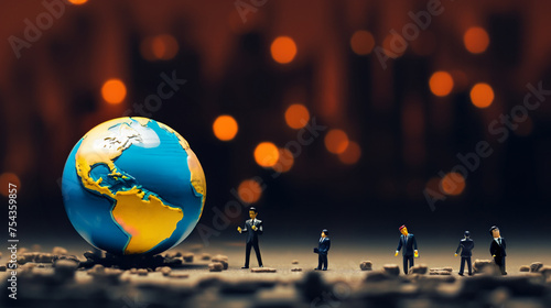 Miniature Businessmen Analyzing a Globe Model