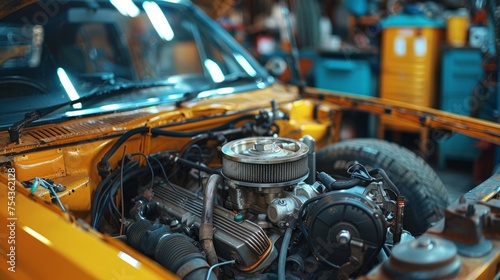 Car engine, mechanic, and tools: The triad of auto repair, capturing the essence of vehicle maintenance work