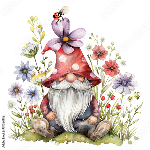Gnome sitting in Wildflower Meadow with ladybug Illustration