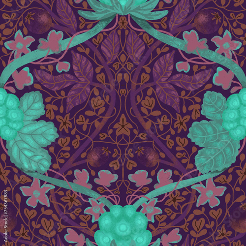 Seamless pattern with floral cloudberry pattern in Morris style, digital illustration. Suitable for interior, wallpaper, fabrics, clothing, stationery.