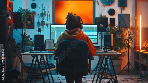 Artist works in studio computer with orange screen, professional setup. Generative AI.